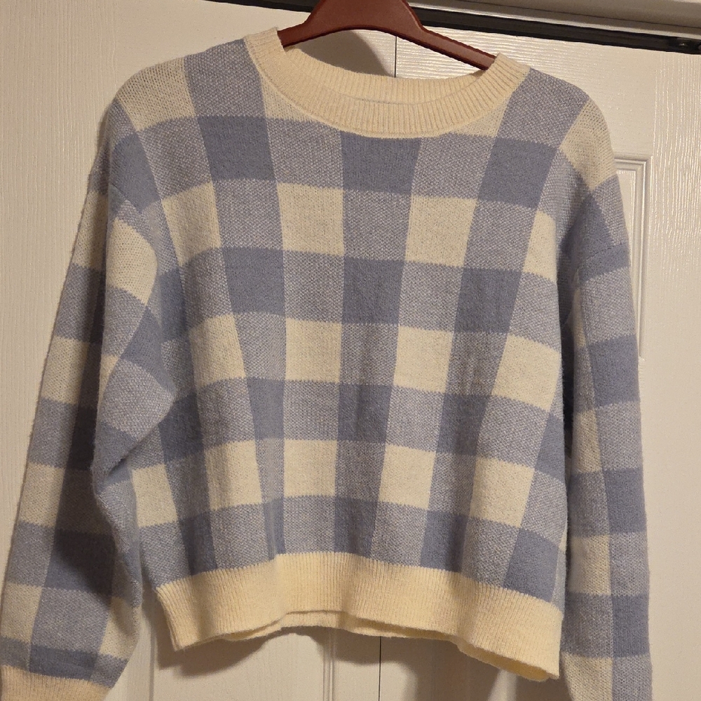 Cozy Blue and Cream Checkered Women's Sweater